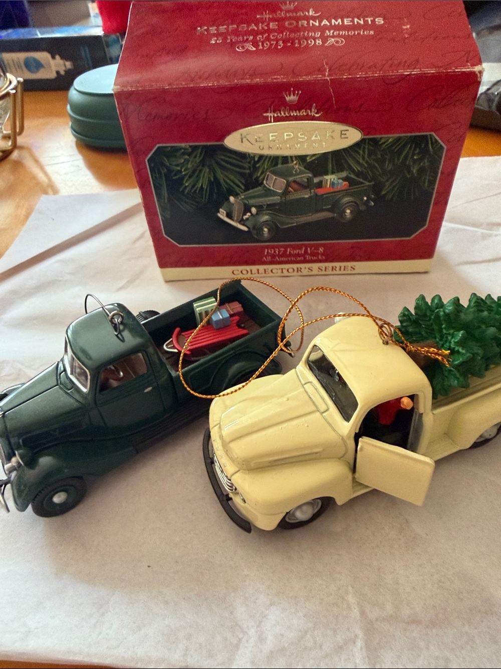 Hallmark Vintage Truck Ornament Duo in Green and Cream
